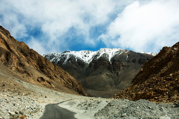 View landscape with Himalayas mountains between Diskit - Turtok Highway and Pangong lake road go to Pangong Tso high grassland lake while winter season at Leh Ladakh in Jammu and Kashmir, India