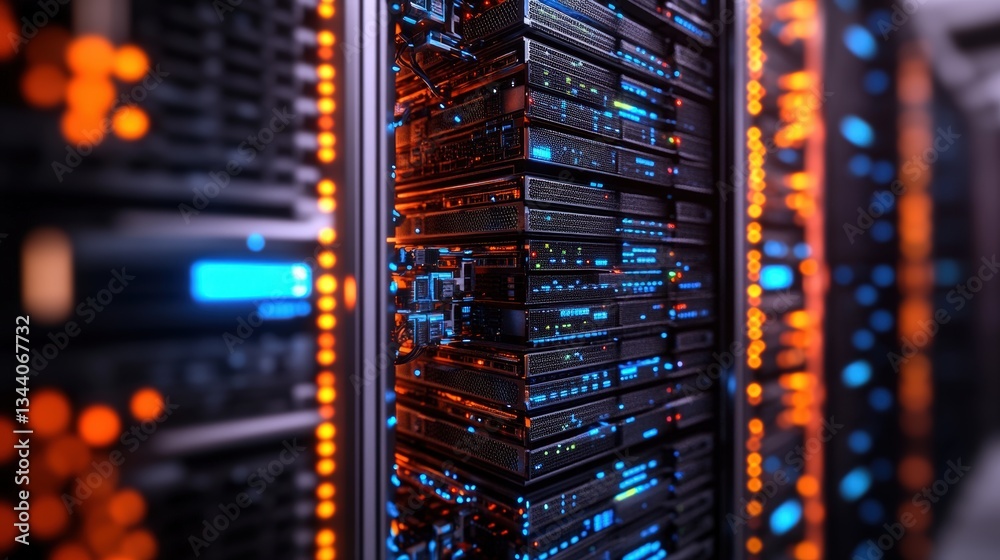Poster close-up view of a colorful illuminated server rack featu interconnected servers showcasing intricat