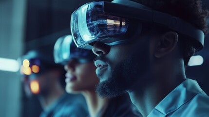 A focused team exploring virtual reality using immersive smart headsets.