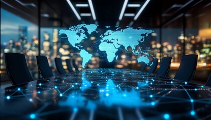 Modern conference room with a digital world map and glowing network connections overlay, representing global business networking and technological advancements