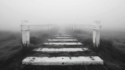 A foggy, deserted path with a white wooden fence