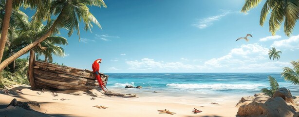 Tropical Beach Scene with Shipwreck Under Palm Trees and Colorful Parrot in Stunning Ocean View