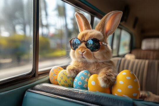 Zając wielkanocny w okularach przeciwsłonecznych siedzący wśr&oacute;d pisanek w starym samochodzie, kartka świąteczna. Otaczają go pastelowe pisanki z dekoracyjnymi wzorami.