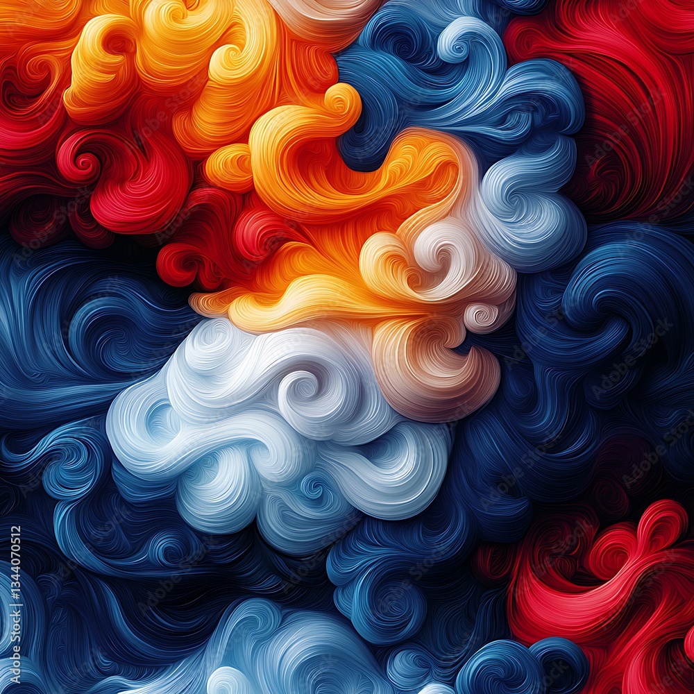 Poster abstract flowing swirls of red yellow white and blue creating dynamic pattern of waves