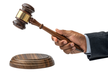 judge's hand holding a gavel to make a decision isolated transparent background png