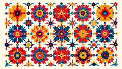 colorful geometric floral pattern with red, blue and yellow mandalas on light background. vibrant ethnic ornament for textile design, wallpaper and web site banner background