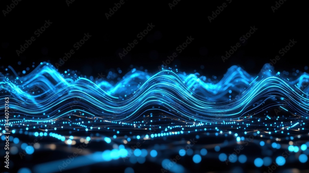 Poster abstract digital rende of luminous blue waves and particles on a black background resembling dynamic