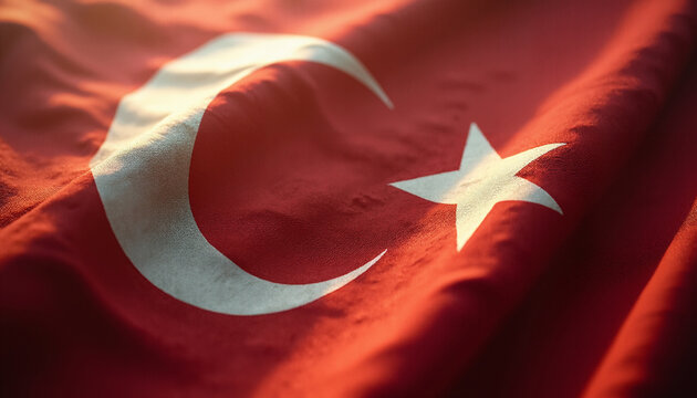 Antique Turkish Flag: Close-up, Rippling, Sunlight, Detailed Texture.