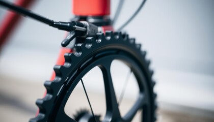 Detailed Bicycle Sprockets with Blurred Red Frame Background