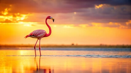 Lonely Pink Flamingo Standing in a Lake at Sunset - Wildlife Photography