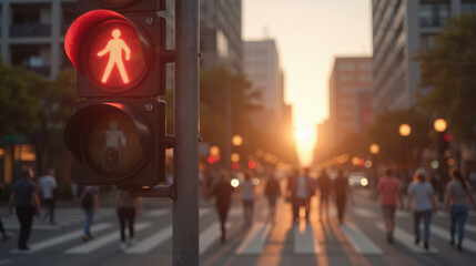 Red pedestrian signal at sunset, people crossing street in urban setting