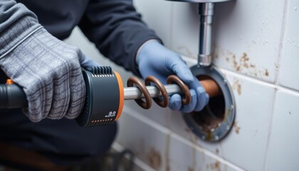 Plumber unclogs blocked drain pipe with auger tool