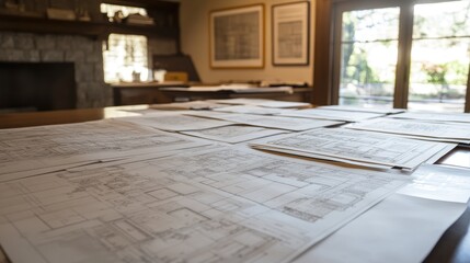 A collection of blueprints neatly arranged on an architect's drafting table.