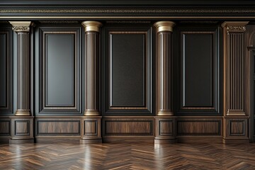 Luxurious interior with wooden paneling and ornate decorative columns