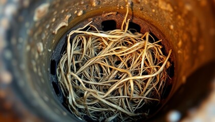 Rusty metal drain trap clogged with tangled hair and debris