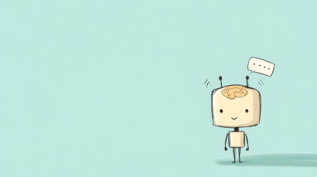 Cute robot character with brain, smiling and ready to communicate, set against light blue background, evokes sense of curiosity and playfulness