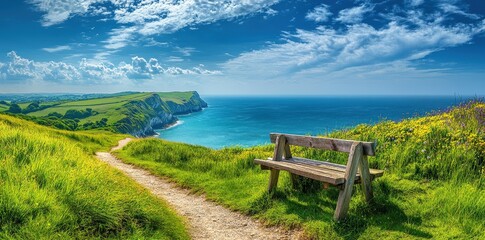 Obraz premium A scenic view of a bench overlooking a coastal landscape with lush green hills and a clear blue sky.