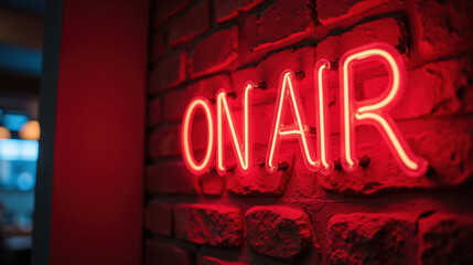 Neon sign glowing ON AIR on brick wall, creating vibrant atmosphere