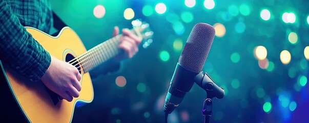 Obraz premium A musician plays an acoustic guitar in front of a microphone, surrounded by colorful bokeh lights, creating a vibrant performance atmosphere.