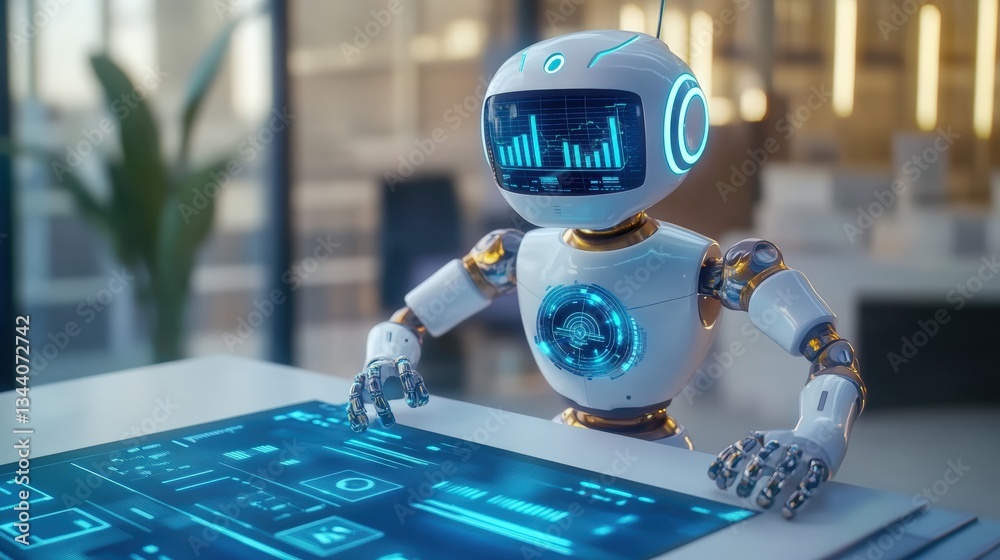 Poster futuristic white and gold robot interacting with glowing blue interface at sleek table while display
