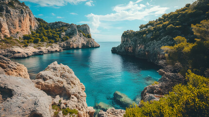 Obraz premium Scenic coastal cove with turquoise water surrounded by rocky cliffs and pine trees