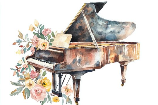 Elegant vintage grand piano with floral accents, showcasing artistic beauty and harmony in a soft color palette of pastels and earthy tones