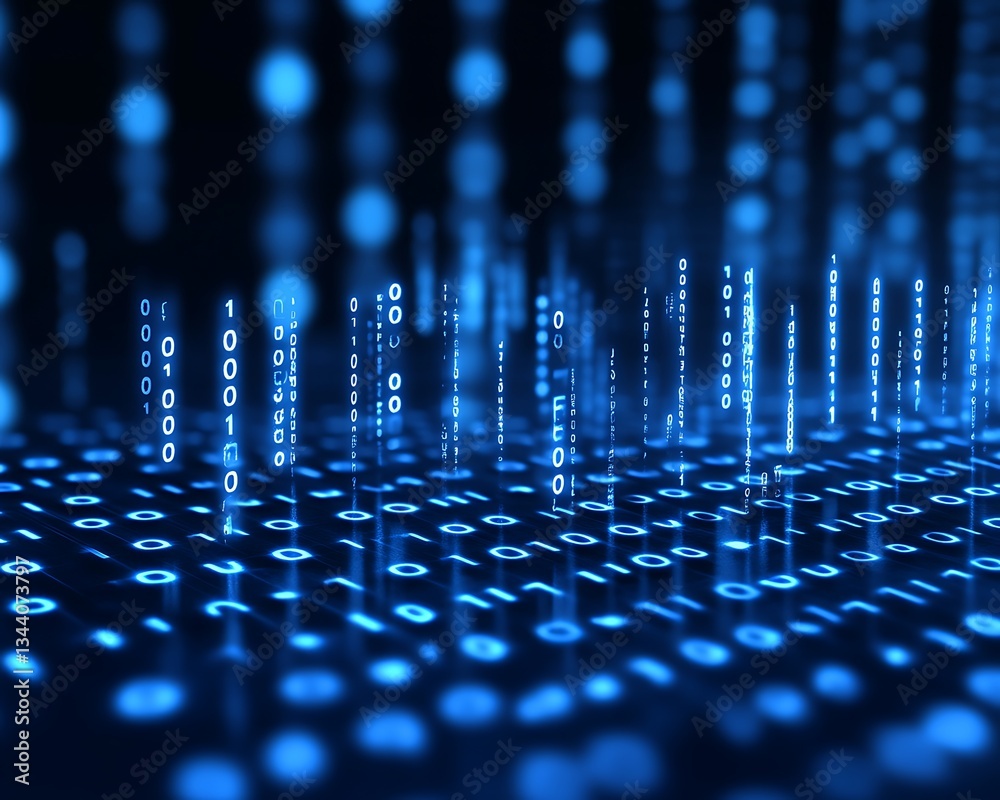 Wall mural digital data flowing in lines with a blue and blurred background