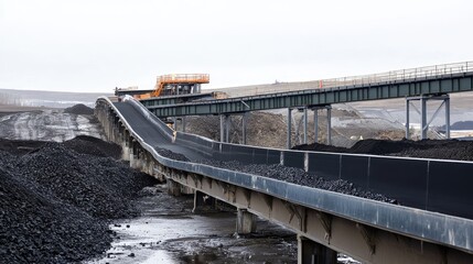 Obraz premium A construction conveyor belt transporting gravel from a pile to a processing plant.