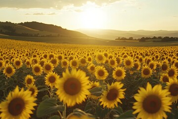 Fototapeta premium A vast field of yellow sunflowers under a bright sunset