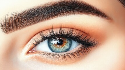 Obraz premium Close-up of a human eye showcasing intricate details, vibrant colors, and natural eyelashes against a soft background