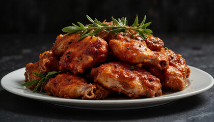 Delicious chicken wings served on a plate with herbs  