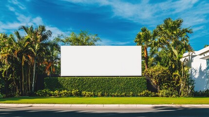 blank white billboard in front of lush green hedges and palm trees on the side of an upscale suburban home, advertising for real estate market data, clean blue sky background. 