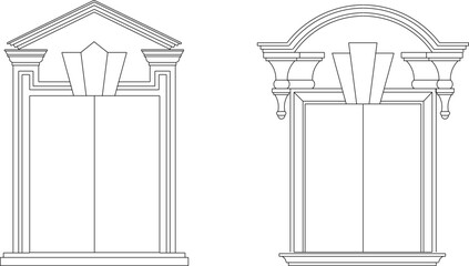 sketsa vektor ilustrasi siluet desain jendela kolonial dengan pergola dan kanopi model klasik vintage eropa  