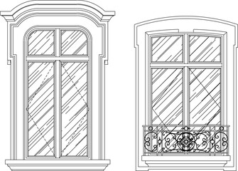 vector sketch illustration silhouette of colonial gothic renaissance window design with pergola and canopy classic vintage european model  