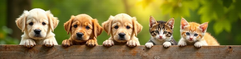 A group of adorable puppies and kittens playfully peeking over a wooden fence.