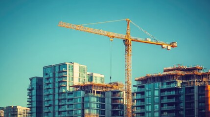 Fototapeta premium A construction crane positioned in the heart of a city, with high-rise buildings in the background.