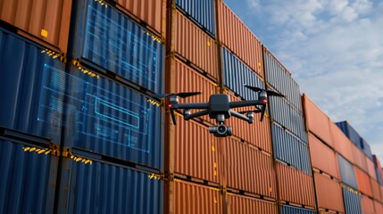 Fototapeta premium Drone inspection of shipping container stack port facility aerial photography industrial environment elevated viewpoint