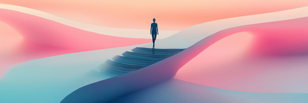 Simple silhouette figure on an ascending floating staircase in a clean, modern illustration.