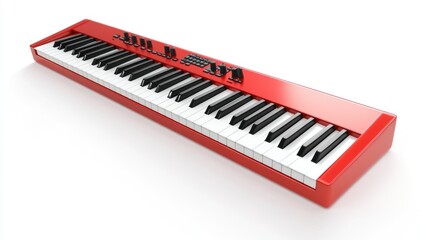 A glossy red electric keyboard resting on a stark white background
