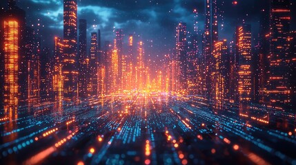 Fototapeta premium Futuristic cityscape illuminated by vibrant neon lights at dusk