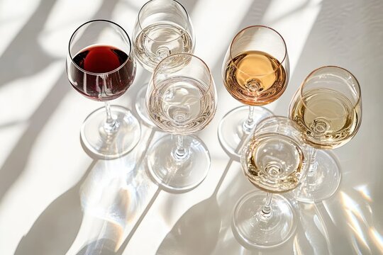 Top View of Red Rose and White Wine Glasses Casting Shadows on White Table