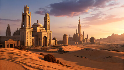 Obraz premium Ancient Desert City at Sunset with Majestic Architecture