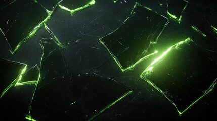 A neon green glow illuminating broken glass edges over a black background