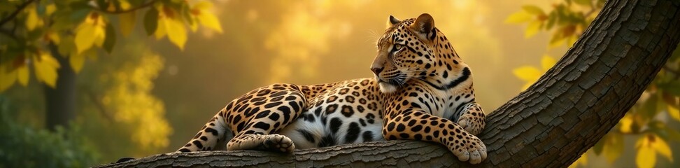 Obraz premium A serene leopard resting on a branch in a lush, sunlit forest setting.