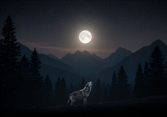 Wolf howling at the moon on a mountain.  blank copy space