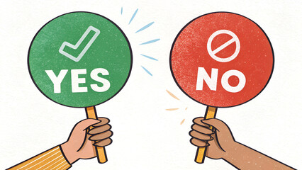Hands holding yes and no signs with green and red circles showing agreement and disagreement respectively