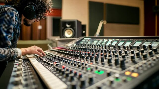 Mixing Mastery: An audio engineer intently adjusts the soundboard in a professional recording studio, capturing the precision and artistry of the music production process.