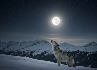 Naklejka premium Wolf howling at the moon on a mountain. blank copy space