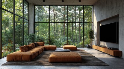 Modern interior design with forest view and brown couch in minimalist living room