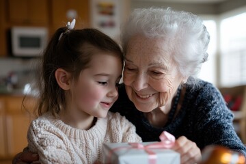 A joyful moment captured as a grandmother and her granddaughter share excitement while exchanging a beautifully wrapped gift, radiating happiness and love in a cozy home environment.